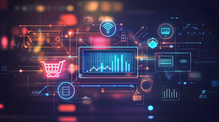 a realistic image of marketing tecnology environment In the center of the image there is a screen depicting statistics and a profile data In the backgrouind th
