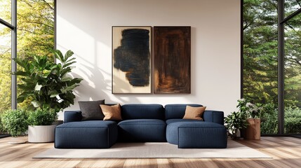 Poster - Spacious living room featuring a large wall painting and decorative furniture with natural lighting