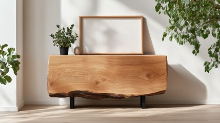 Poster - Wooden table with a picture frame and a photo displayed on top in a well-lit indoor setting