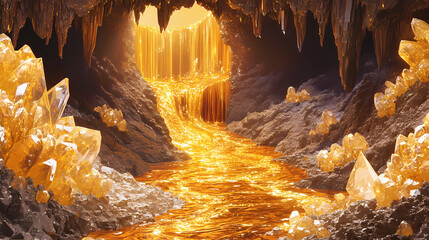 Poster - river molten gold flows cavernous landscape