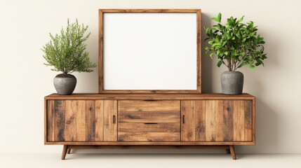 Poster - Wooden dresser with mirror and potted plants in a cozy interior setting with natural light