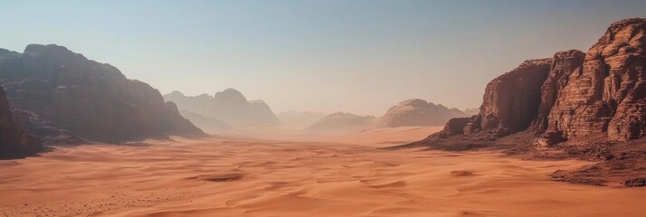 Fototapete - Vast desert landscape showcases towering rock formations and rolling sand in an expansive valley during daylight hours. Generative AI