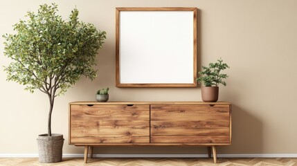 Poster - Wooden dresser with mirror and potted plant in a well-lit interior setting for home decor inspiration