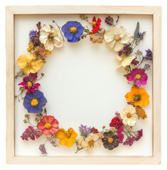 Wall Mural - PNG Pressed flower wreath in various colors in light wood frame flowers dried art.