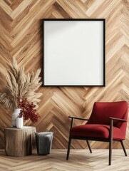 Poster - Red chair positioned against a wooden wall with white frame and photo display in interior setting