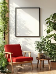 Poster - red chair positioned next to a window with natural light illuminating the space indoors