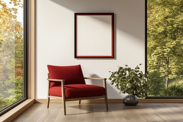 Poster - Red chair with a photo frame placed on a wooden table in a cozy indoor setting