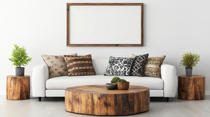 Poster - White couch with decorative pillows in a modern living room setting with natural light and warm ambiance