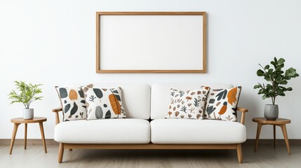 Poster - White couch with wooden frame and wall art in modern living room interior design