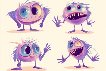 Round, vibrant monsters in four, funny cartoon aliens, charming fairy tale beings, and a humorous microbe