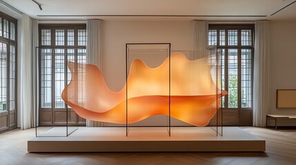 Poster - Modern art installation featuring sculptural waves illuminated by natural light in a contemporary gallery space