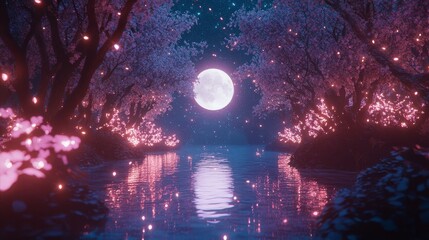 Wall Mural - in this enchanting forest, flowers gleam with an inner light, and the serene pond mirrors the silver