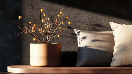 Poster - Vase with colorful flowers on a wooden table in a brightly lit room