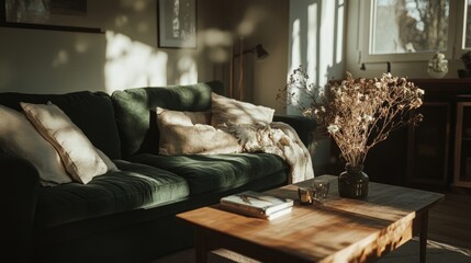 Sticker - Modern lounge area with a forest green sofa, wooden coffee table, and soft linen throws