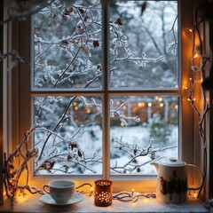 Wall Mural - Snowy winter morning viewed from a cozy window with warm lights and tea set on a chilly day. Generative AI