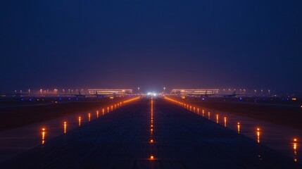 Aufkleber - Airport runway illuminated at night with terminal buildings glowing in the background and runway lights guiding the way. Generative AI