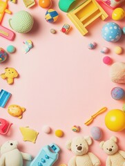 Poster - Colorful collection of childrens toys arranged on a pink background for playful exploration and creativity. Generative AI