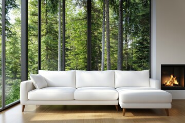 Poster - White couch in a modern living room with decorative pillows and a photo on the wall