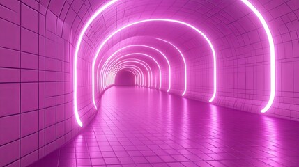 Poster - Neon pink tunnel with illuminated arches inviting exploration in a modern urban setting