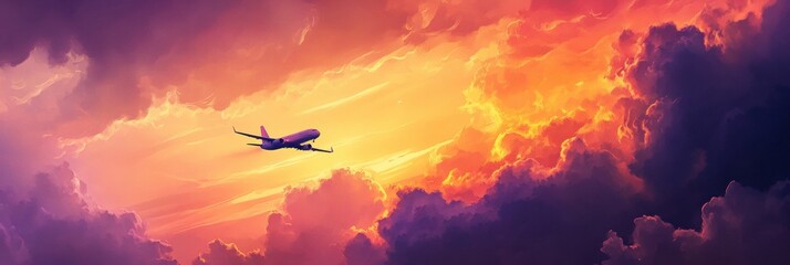 Poster - Airplane flying through colorful sunset clouds over the horizon in the evening sky. Generative AI