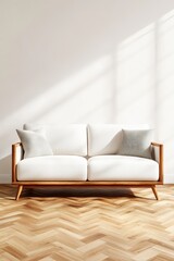 Poster - White couch on wooden floor with decorative pillows and a modern living room setting