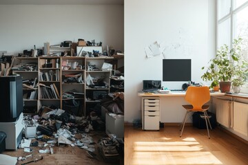 Leinwandbilder - Split view of a cluttered workspace contrasted with an organized office space promoting productivity. Generative AI