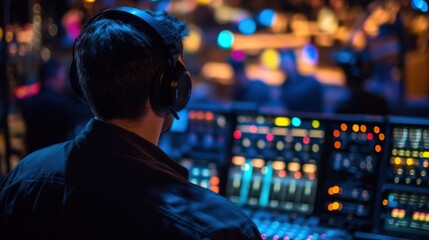 Poster - Sound engineer working at mixing console, adjusting sound levels and frequencies during a live music concert, ensuring high quality audio experience for audience