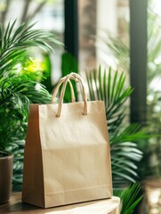 Aufkleber - Eco friendly paper bag on wooden table surrounded by vibrant green plants in a bright indoor environment. Generative AI
