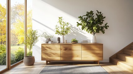 Poster - Green plant in a glass vase on a wooden cabinet with natural light and a soft focus background