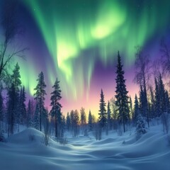 Poster - Vibrant northern lights illuminate a snowy landscape at twilight in a serene forest setting. Generative AI
