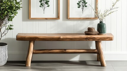 Poster - wooden bench with two framed pictures on the wall in a cozy interior setting with natural light