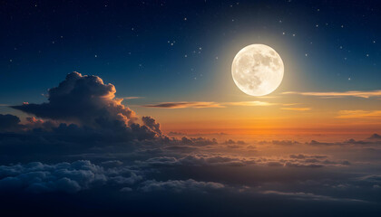 The full moon shines brightly in the beautiful cloudy night sky background