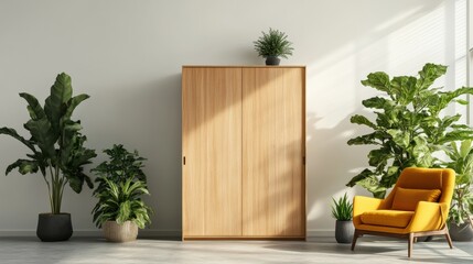 Poster - Wooden cabinet with decorative plant and photo frame on display in a bright room setting