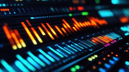 Poster - futuristic audio mixing console displaying colorful sound waves and levels, creating a vibrant visua