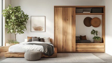 Poster - Cozy bedroom interior featuring a bed indoor plant and natural light from the window