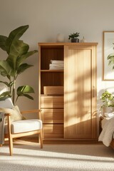 Poster - wooden cabinet with shelves and decorative items in a well-lit room interior design photo