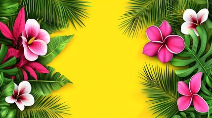 Wall Mural - Vibrant tropical flowers frame bright yellow background creating cheerful summer mood. AI Generated