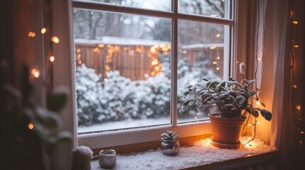 Aufkleber - Cozy winter window view with snow covered garden and holiday lights in a warm indoor setting. Generative AI