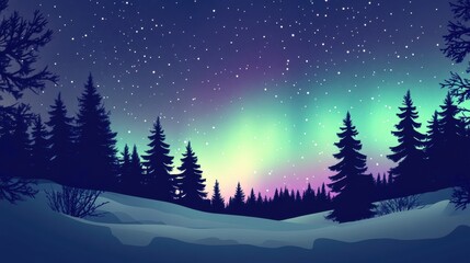 Leinwandbilder - Night sky illuminated by northern lights over snowy forest landscape during winter season. Generative AI