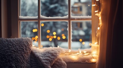 Poster - Cozy winter evening with soft blankets and glowing lights by the window in a snowy landscape. Generative AI
