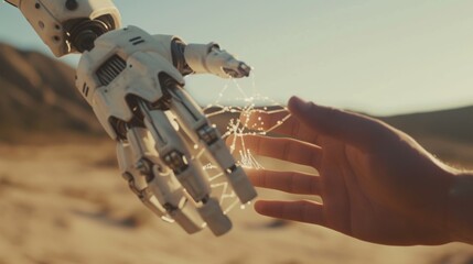 Aufkleber - A human hand reaching toward a robotic hand amidst a warm desert setting, featuring glowing network patterns symbolizing AI-human connection. AI generated.