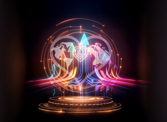 Poster - futuristic digital art displays a heart-shaped world map with glowing lines and arcs. it's placed on
