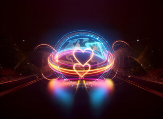 Wall Mural - vibrant neon hearts and a globe are encircled by luminous light trails against a dark backdrop. mode