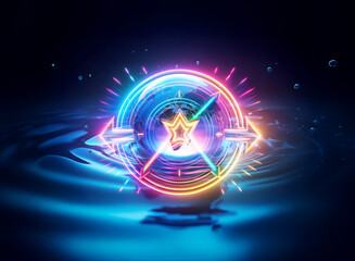 Poster - rainbow glow emanates from a circular object featuring a central star, brightly illuminating a wavy 