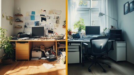 Leinwandbilder - Cluttered workspace contrasts with tidy organized environment in a split interior view that showcases the difference in style. Generative AI