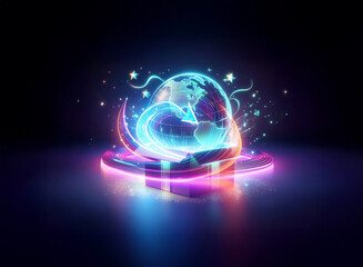 Poster - glowing globe with neon lights and stars, sitting on a platform. vibrant colors and dynamic light ef
