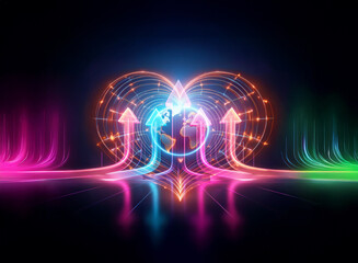 Wall Mural - a luminous globe is centered, with upward arrows and neon lines on a dark backdrop. abstract, futuri