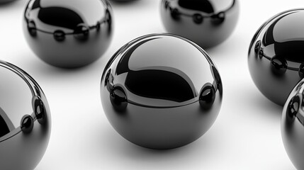 Poster - Black glossy spheres arranged on a white surface creating an artistic display in a modern design setting