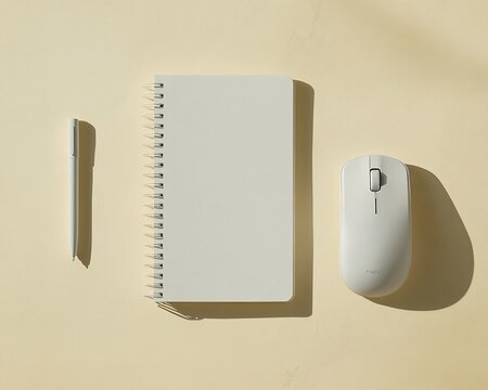 Top view of a spiral notebook, pen, and wireless computer mouse on a beige background.