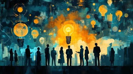 Poster - Businesspeople brainstorming ideas; glowing lightbulbs illustrate creativity, innovation, and teamwork.